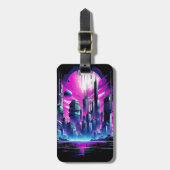 Neon Futuristic CyberScape Skyline Gepäckanhänger (Vorderseite vertikal)