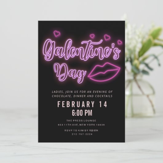 Neon Galentine's Day Lips Einladung (Stehend Vorderseite)