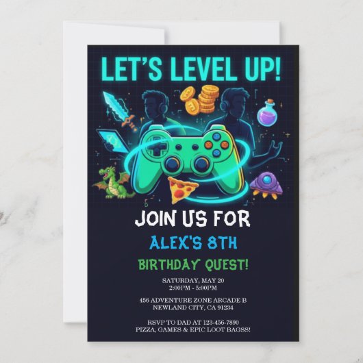 Neon Gamer Birthday Invitation Editable Template Einladung (Vorderseite)