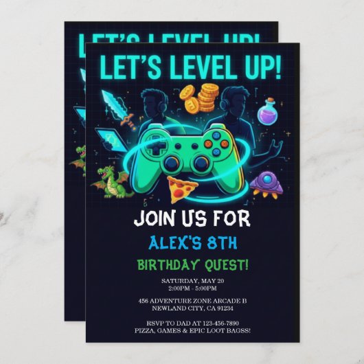 Neon Gamer Birthday Invitation Editable Template Einladung (Vorne/Hinten)