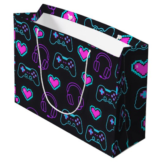 Neon Gamer Controller and Hearts Pattern Große Geschenktüte (Rückseite Schrägansicht)
