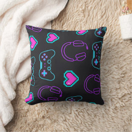 Neon Gamer Controller and Hearts Pattern Kissen
