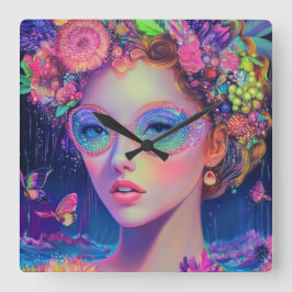 Neon Garden Goddess Quadratische Wanduhr