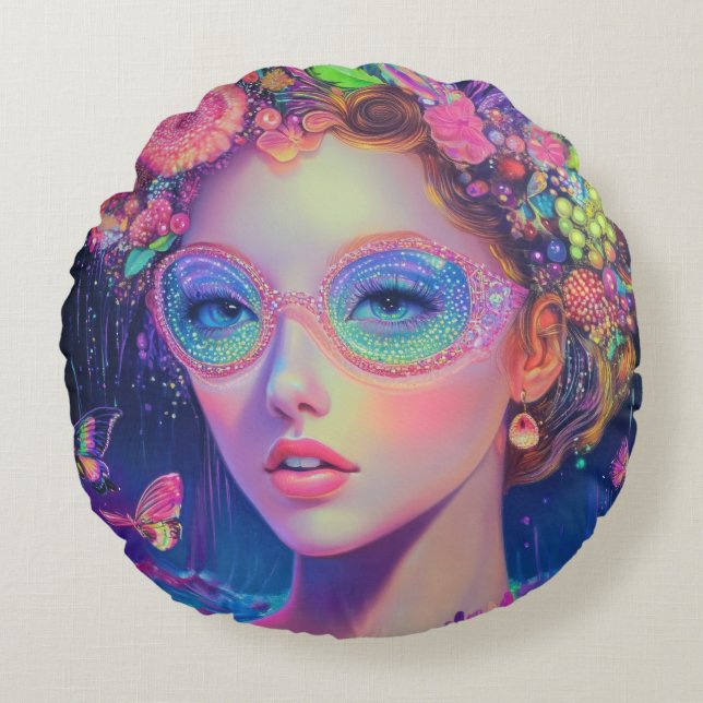 Neon Garden Goddess Rundes Kissen (Vorderseite)