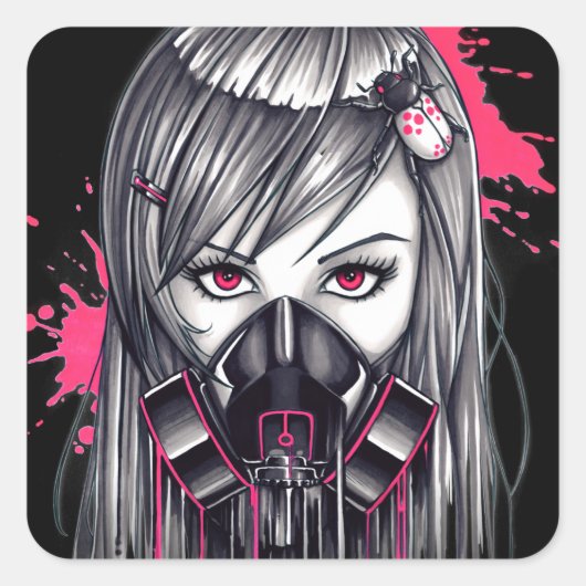 Neon Gas Mask Girl Quadratischer Aufkleber (Vorderseite)