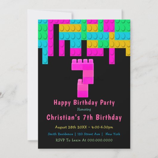 Neon Gebäude Blocks 7. Geburtstag Einladungen (Vorderseite)
