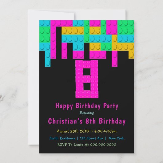 Neon Gebäude Blocks 8. Geburtstag Einladungen (Vorderseite)