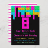 Neon Gebäude Blocks 8. Geburtstag Einladungen (Vorne/Hinten)