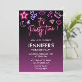 Neon Geburtstag 93. Geburtstag Black Pink Einladung (Stehend Vorderseite)