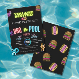 Neon-Geburtstagseinladung für BBQ- und Poolparty Einladung