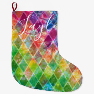 Neon Gefärbte Krawatte Watercolor Harlequin Raute Großer Weihnachtsstrumpf