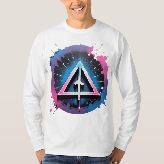 Neon Geometric Arrow in Cosmic Splash T-Shirt (Vorderseite)