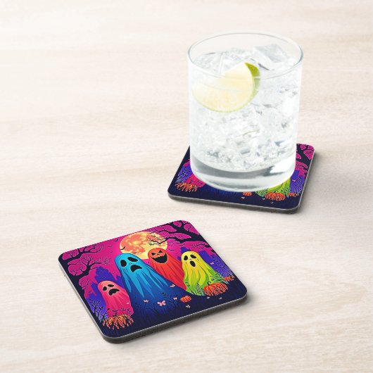 Neon Ghosts' Halloween-Party Design Getränkeuntersetzer (Rechte Seite)