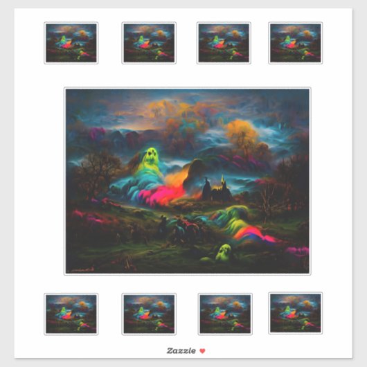 Neon Ghosts in einer Spuk Fantasielandschaft Aufkleber (Blatt)