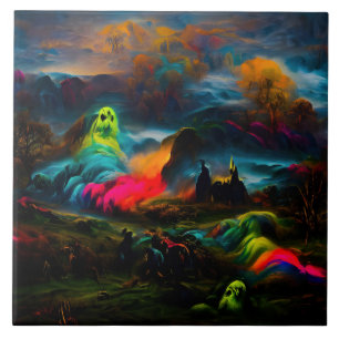 Neon Ghosts in einer Spuk Fantasielandschaft Fliese