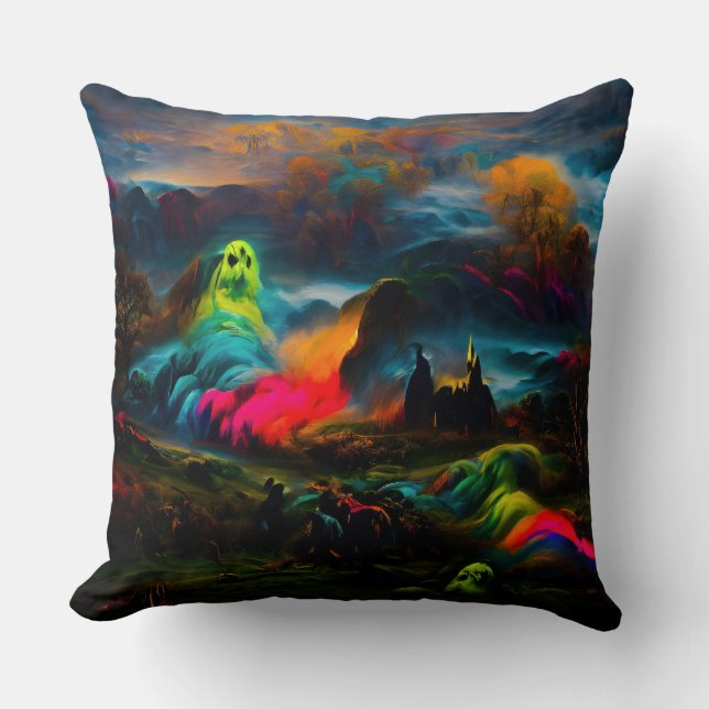 Neon Ghosts in einer Spuk Fantasielandschaft Kissen (Vorderseite)
