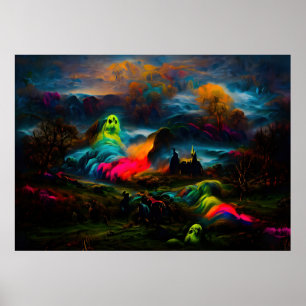 Neon Ghosts in einer Spuk Fantasielandschaft Poster