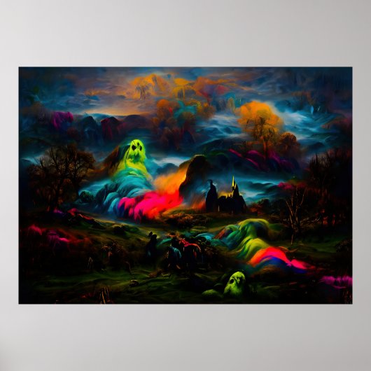 Neon Ghosts in einer Spuk Fantasielandschaft Poster (Vorne)