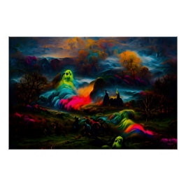 Neon Ghosts in einer Spuk Fantasielandschaft Poster