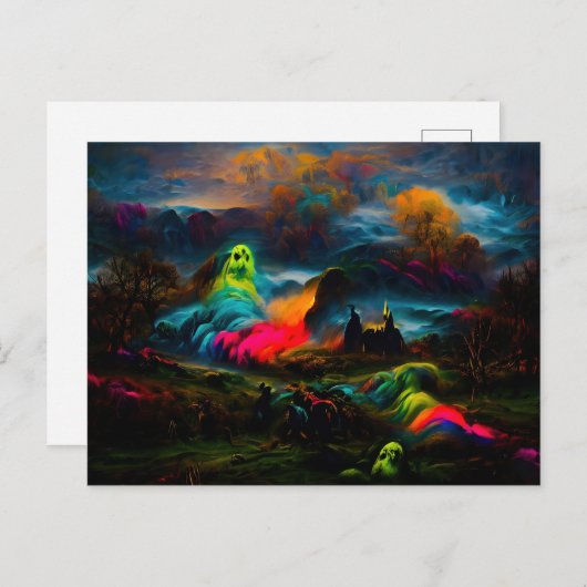 Neon Ghosts in einer Spuk Fantasielandschaft Postkarte (Vorne/Hinten)