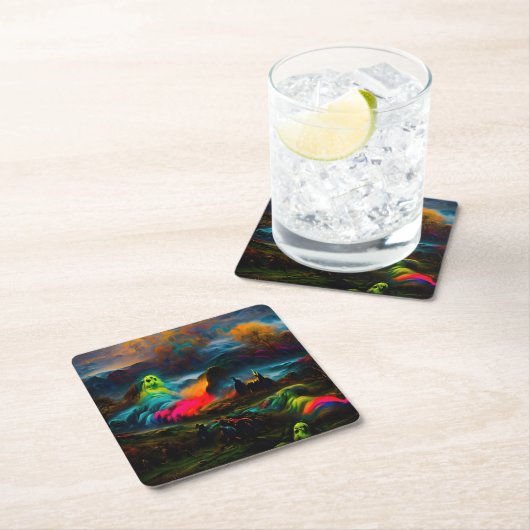 Neon Ghosts in einer Spuk Fantasielandschaft Rechteckiger Pappuntersetzer (Vor Ort)