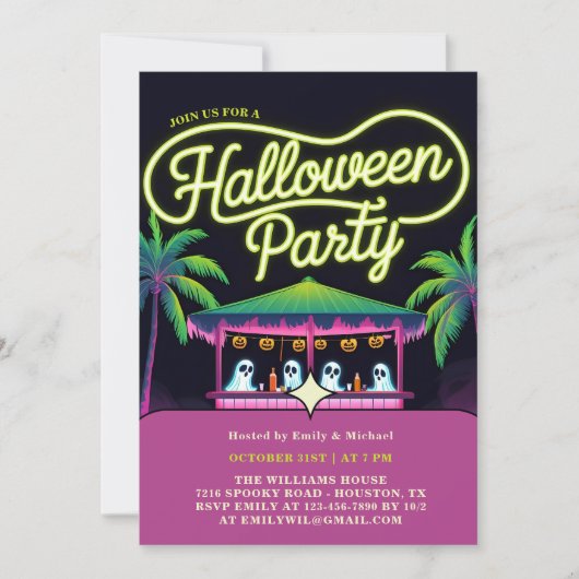 Neon Ghosts Palm Trees Tropisches Halloween-Party Einladung (Vorderseite)