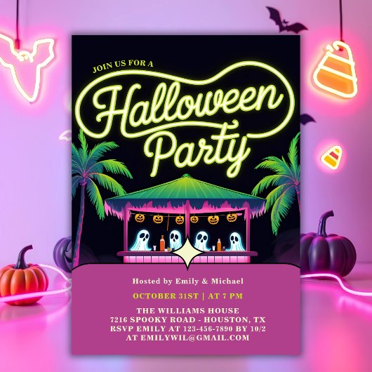 Neon Ghosts Palm Trees Tropisches Halloween-Party Einladung