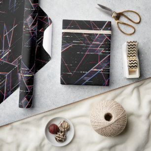 Neon-Glitchcore-Geometrische Formen auf Schwarz Geschenkpapier