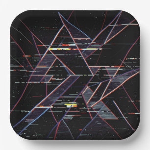 Neon-Glitchcore-Geometrische Formen auf Schwarz Pappteller
