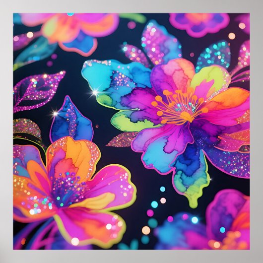 Neon-Glitter-Blumenmuster Poster (Vorne)
