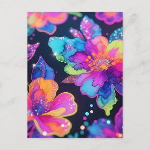 Neon-Glitter-Blumenmuster Postkarte