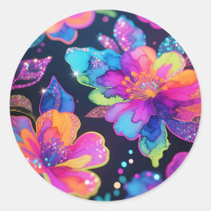 Neon-Glitter-Blumenmuster Runder Aufkleber