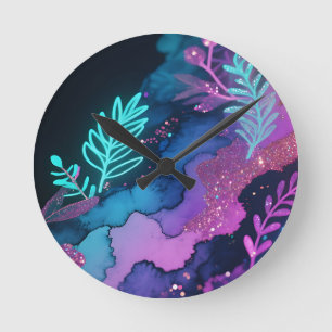 Neon-Glitter-Botanical-Abstrakt Runde Wanduhr