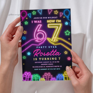 Neon Glow 7. Geburtstag | Ich war 6 jetzt bin ich Einladung