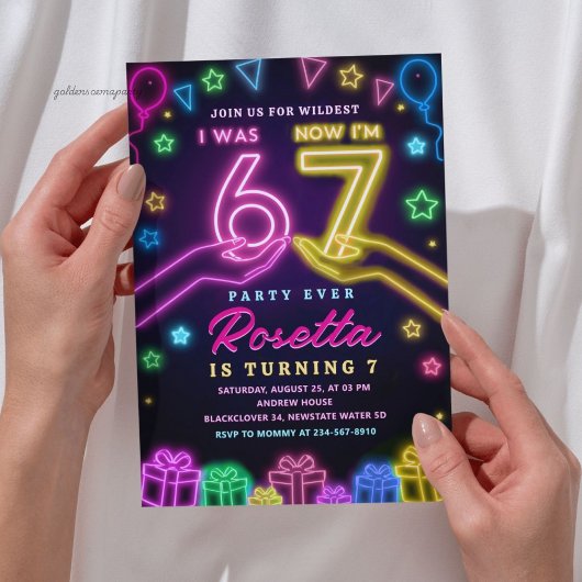 Neon Glow 7th Birthday | I Was 6 Now I Am 7 Viral  Einladung