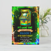 Neon-Glow-Arcade-Geburtstagseinladung Einladung (Stehend Vorderseite)