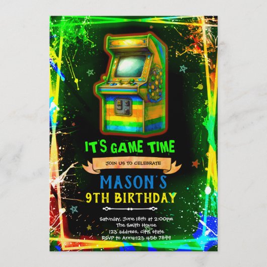 Neon-Glow-Arcade-Geburtstagseinladung Einladung (Vorderseite)