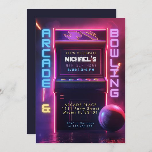 Neon Glow Arcade und Bowling Birthday Party Einladung (Vorne/Hinten)