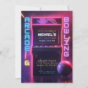 Neon Glow Arcade und Bowling Birthday Party Einladung
