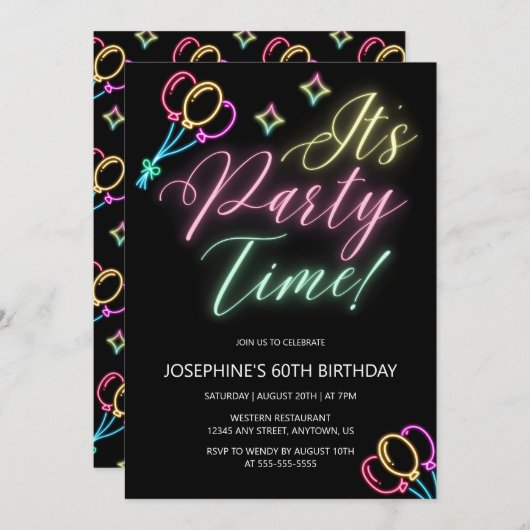 Neon Glow Balloon Party Time Birthday Einladung (Vorne/Hinten)