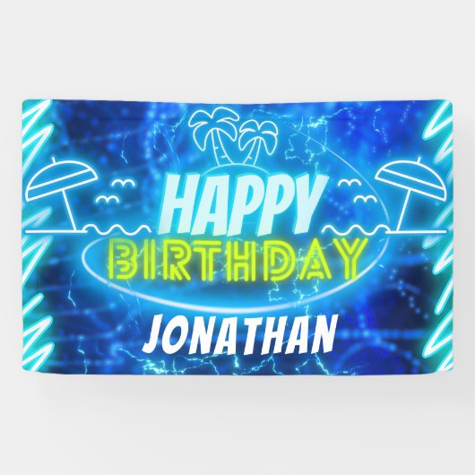 Neon Glow Blue Green Happy Birthday Boy Pool Party Banner (Horizontal)