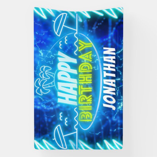 Neon Glow Blue Green Happy Birthday Boy Pool Party Banner (Vertikal)