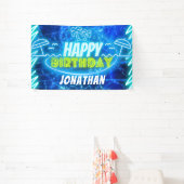 Neon Glow Blue Green Happy Birthday Boy Pool Party Banner (InSitu)