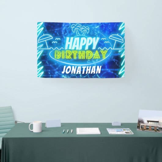 Neon Glow Blue Green Happy Birthday Boy Pool Party Banner (Messe)