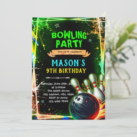 Neon glow bowling boy theme invitation einladung (Stehend Vorderseite)