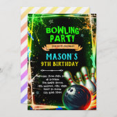 Neon glow bowling boy theme invitation einladung (Vorne/Hinten)