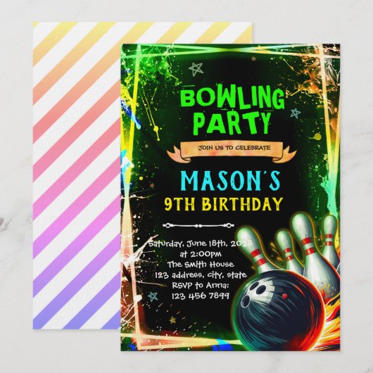 Neon glow bowling boy theme invitation einladung (Vorne/Hinten)