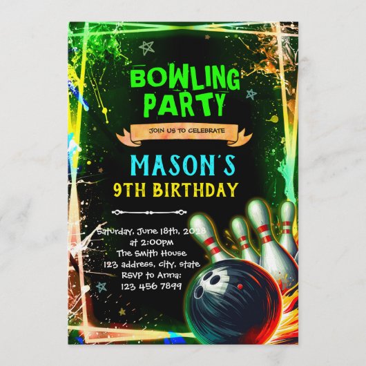 Neon glow bowling boy theme invitation einladung (Vorderseite)