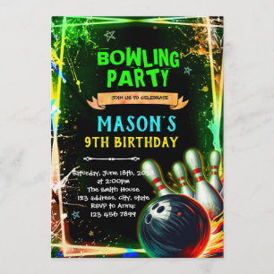 Neon-Glow-Bowling-Jungen-Themen-Einladung Einladung