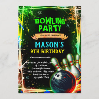 Neon-Glow-Bowling-Jungen-Themen-Einladung Einladung